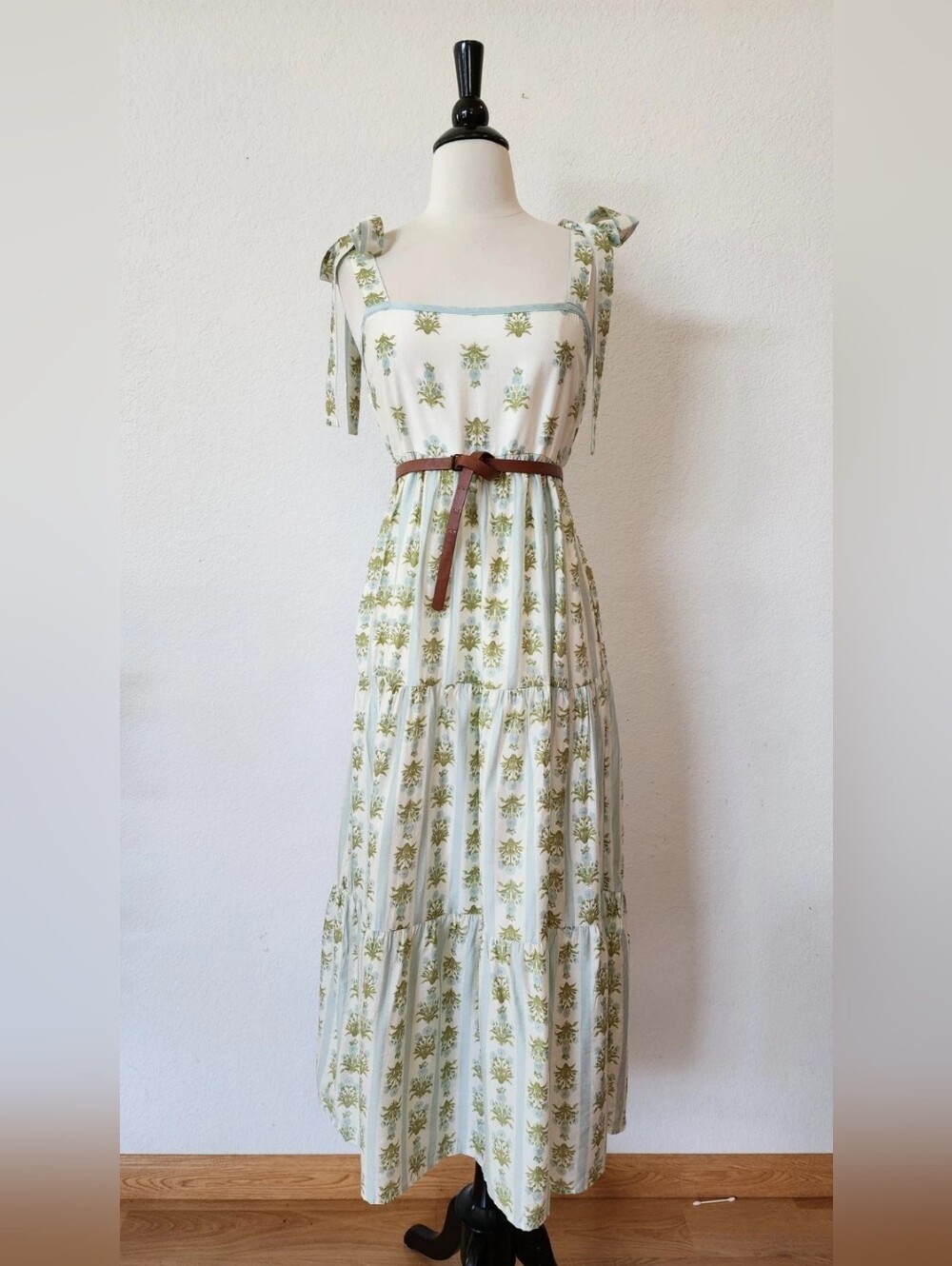 Boho Tie-Strap Maxi Dress in Cream and Sage